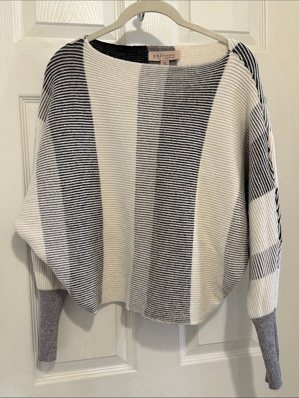 Philosophy Black and White Striped Ribbed Crewneck Sweater